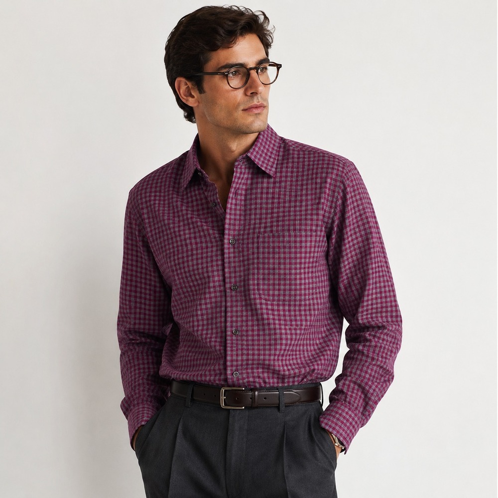 Maurizio Baldassari Button Down Shirt M Burgundy Gingham Italian Designer Luxury